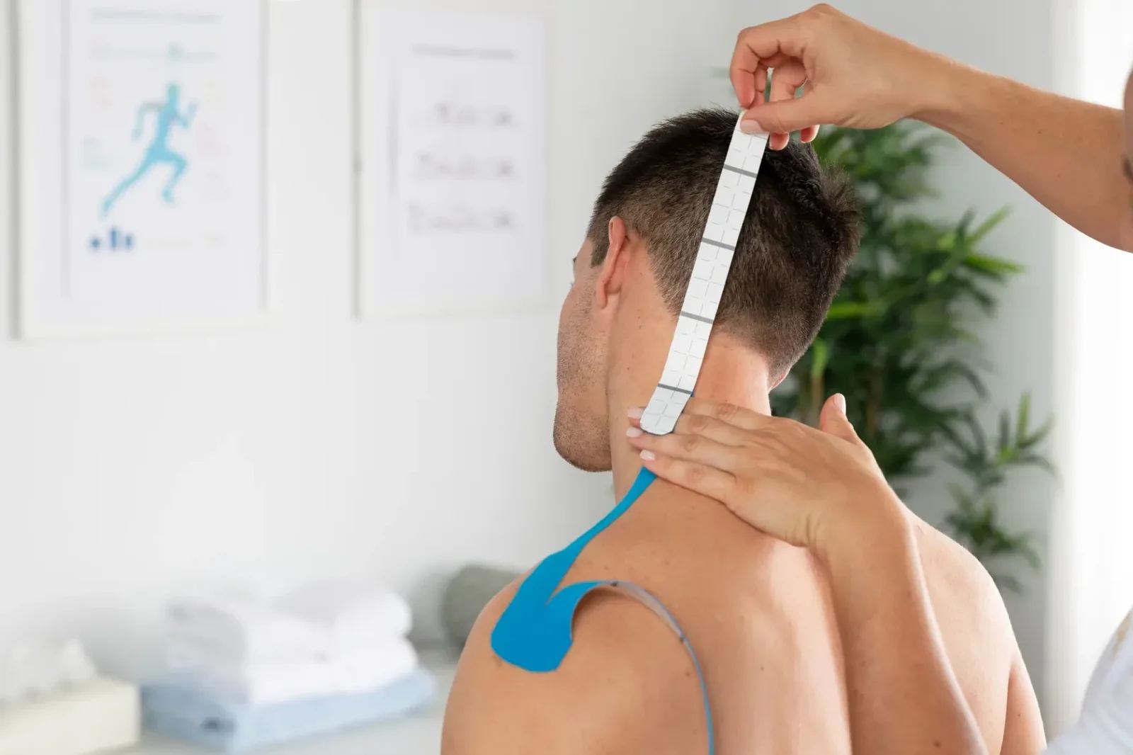 Kinesiology tape being applied to the neck and shoulder (illustration)